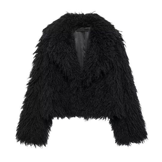 Damen Kurze Boxy-Plüschjacke im Shaggy-Look mit fallendem Revers Nord Taschen