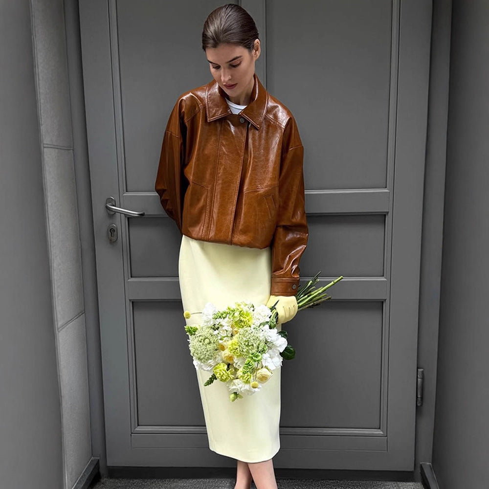 Damen Kurzblouson aus veganem Glattleder mit Boxy‑Silhouette und verdeckter Druckknopfleiste Nord Taschen