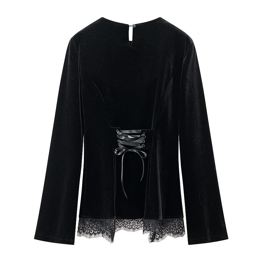 Damen Samtbluse mit Spitzen-Insert und asymmetrischem Spitzensaum Nord Taschen