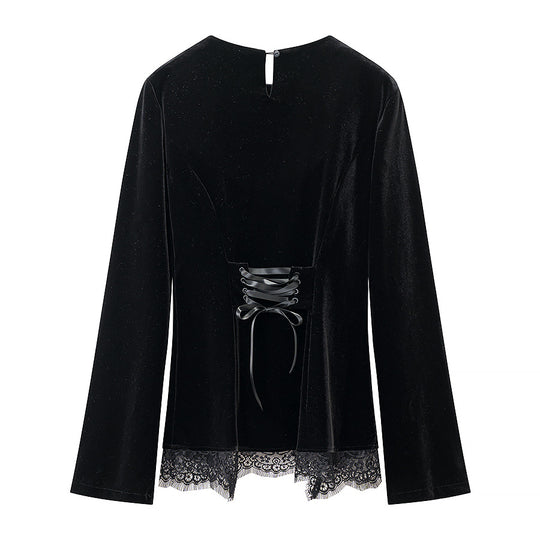 Damen Samtbluse mit Spitzen-Insert und asymmetrischem Spitzensaum Nord Taschen
