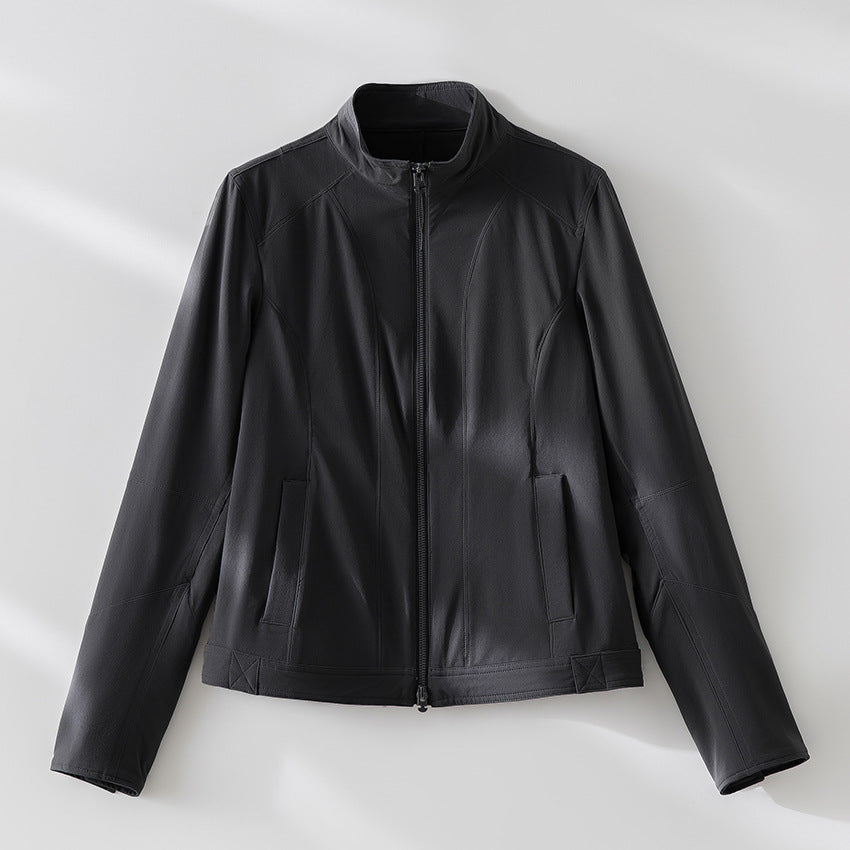 Damen schlichte taillierte Lederjacke mit Stehkragen und Zwei-Wege-Reißverschluss Nord Taschen