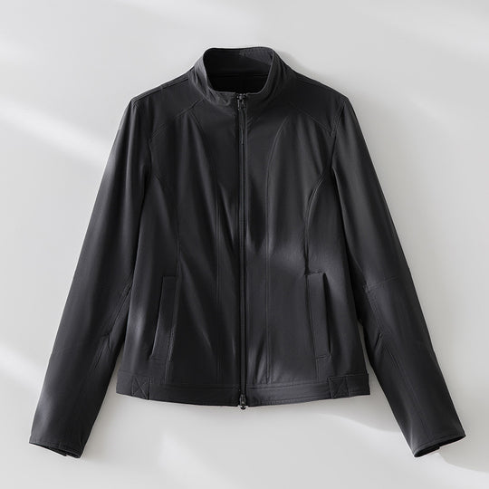 Damen schlichte taillierte Lederjacke mit Stehkragen und Zwei-Wege-Reißverschluss Nord Taschen