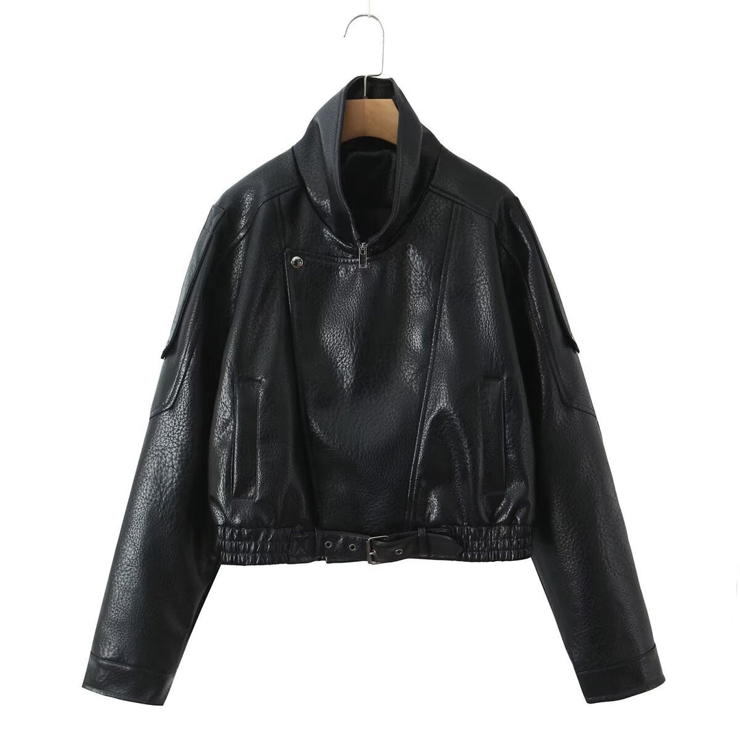 Damen Cropped Bikerblouson aus veganer Lederoptik mit asymmetrischer Frontpatte und Taillenbund Nord Taschen