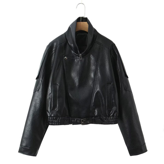 Damen Cropped Bikerblouson aus veganer Lederoptik mit asymmetrischer Frontpatte und Taillenbund Nord Taschen