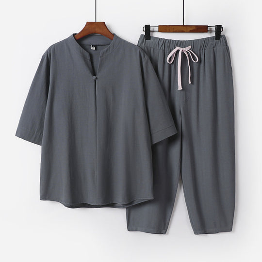 Damen Leichtes Leinen-Baumwoll-Loungewear-Set mit Stehkragen, Dreiviertelärmeln und Gummizugbundhose Nord Taschen