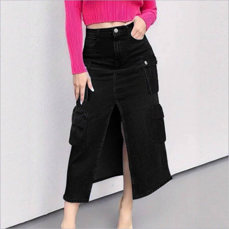 Damen Cargo-Jeans-Midirock mit Frontschlitz und aufgesetzten Cargotaschen Nord Taschen