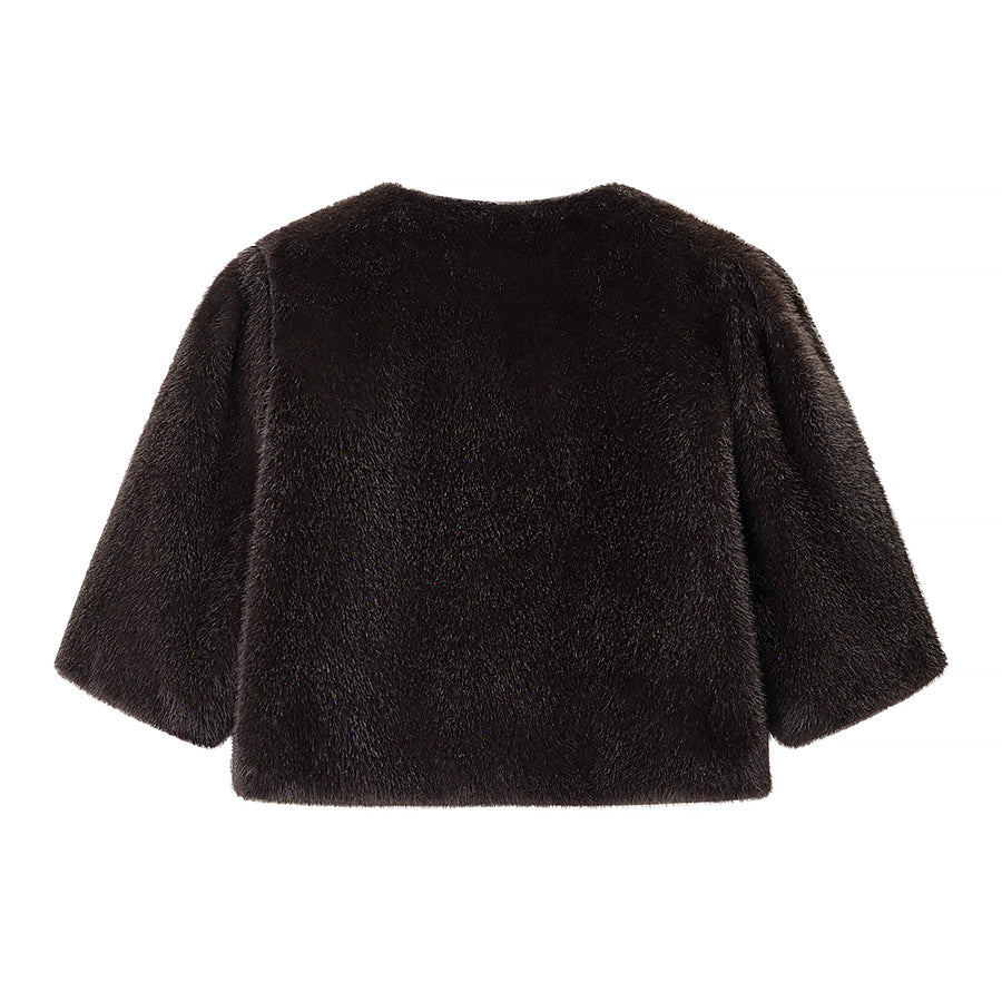 Damen Kurzgeschnittener Kunstfell-Bolero mit 3/4-Ärmeln Nord Taschen