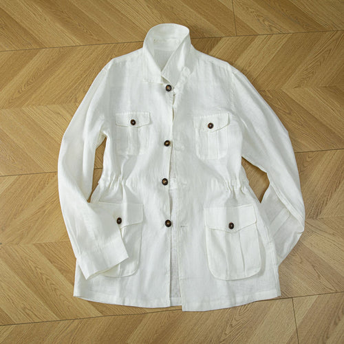 Damen Utility-Jacke aus Leinenmix mit Tunnelzug, Pattentaschen und Hemdkragen Nord Taschen