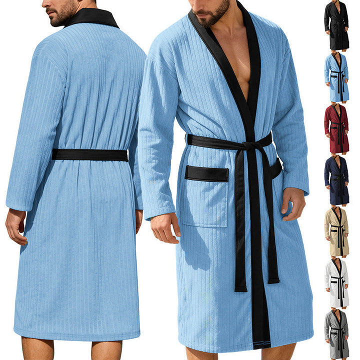 Herren nan wadenlanger Rippen-Bademantel im Kimono-Stil mit Schalkragen und Kontrastpaspel