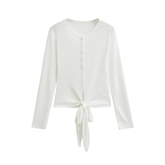 Damen Langarm-Henley-Top mit Knotenfront und Knopfleiste Nord Taschen