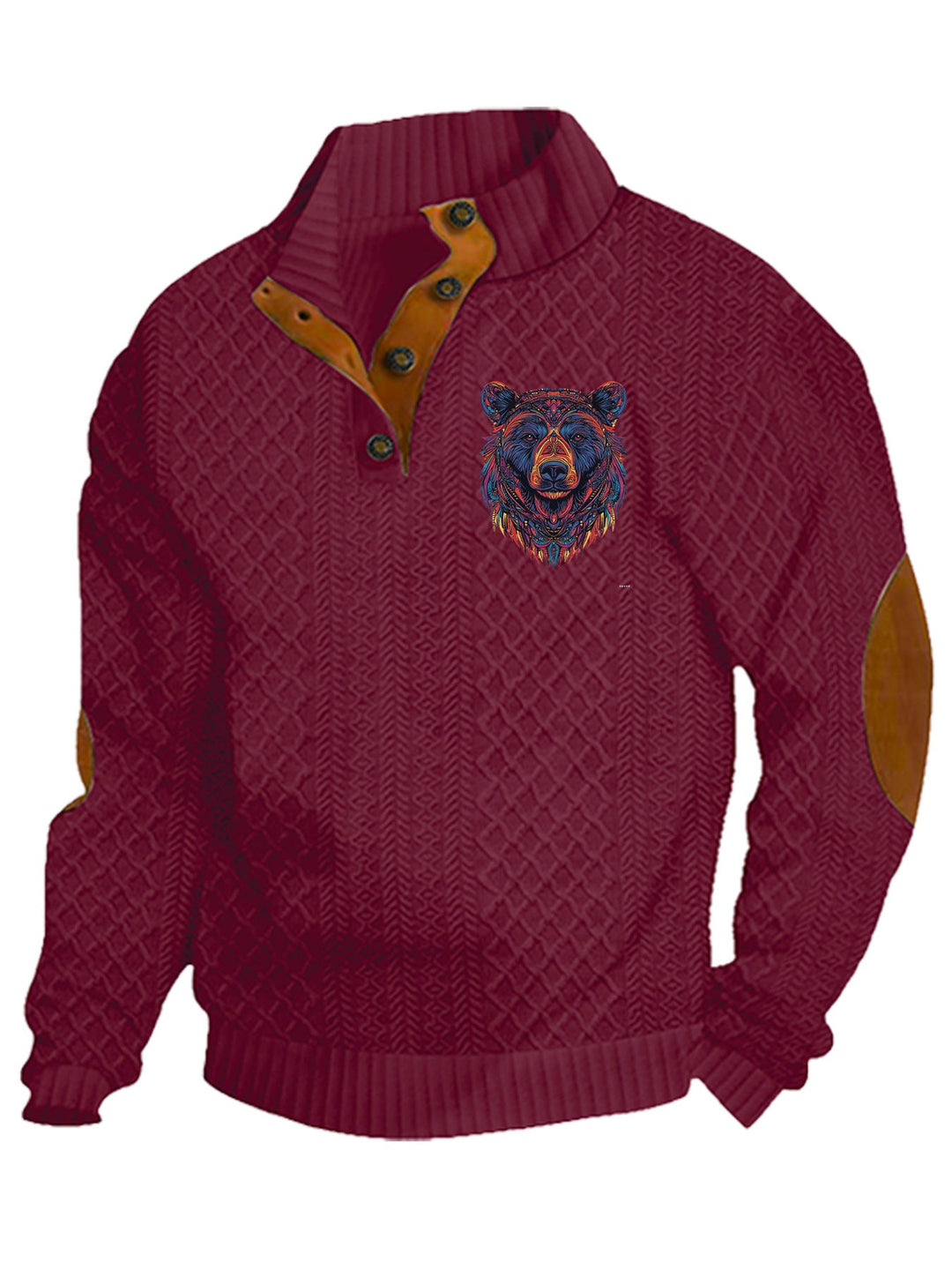 Herren nan Heritage-Strukturpullover mit Stehkragen Lederimitat-Besatz Ellenbogen-Patches und Halbknopfleiste