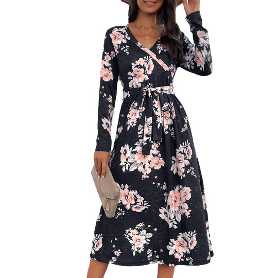 Damen Florales Wickel-Midikleid mit V-Ausschnitt, Taillengürtel und ausgestelltem Rock Nord Taschen