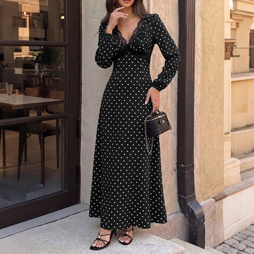 Damen Polka‑Dot Maxikleid mit Spitzen‑V-Ausschnitt, Empire‑Taillenlinie und langem Fließrock Nord Taschen