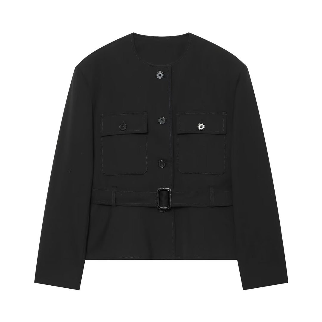Damen Taillierte Cropped‑Jacke mit Gürtel, Pattentaschen und Rundhals Nord Taschen