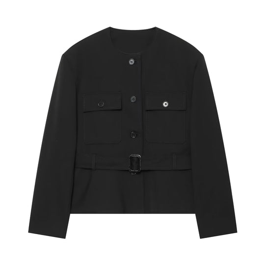 Damen Taillierte Cropped‑Jacke mit Gürtel, Pattentaschen und Rundhals Nord Taschen
