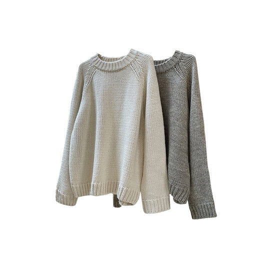 Damen Relaxter Grobstrick-Raglanpullover mit weitem Bund und geripptem Abschluss Nord Taschen