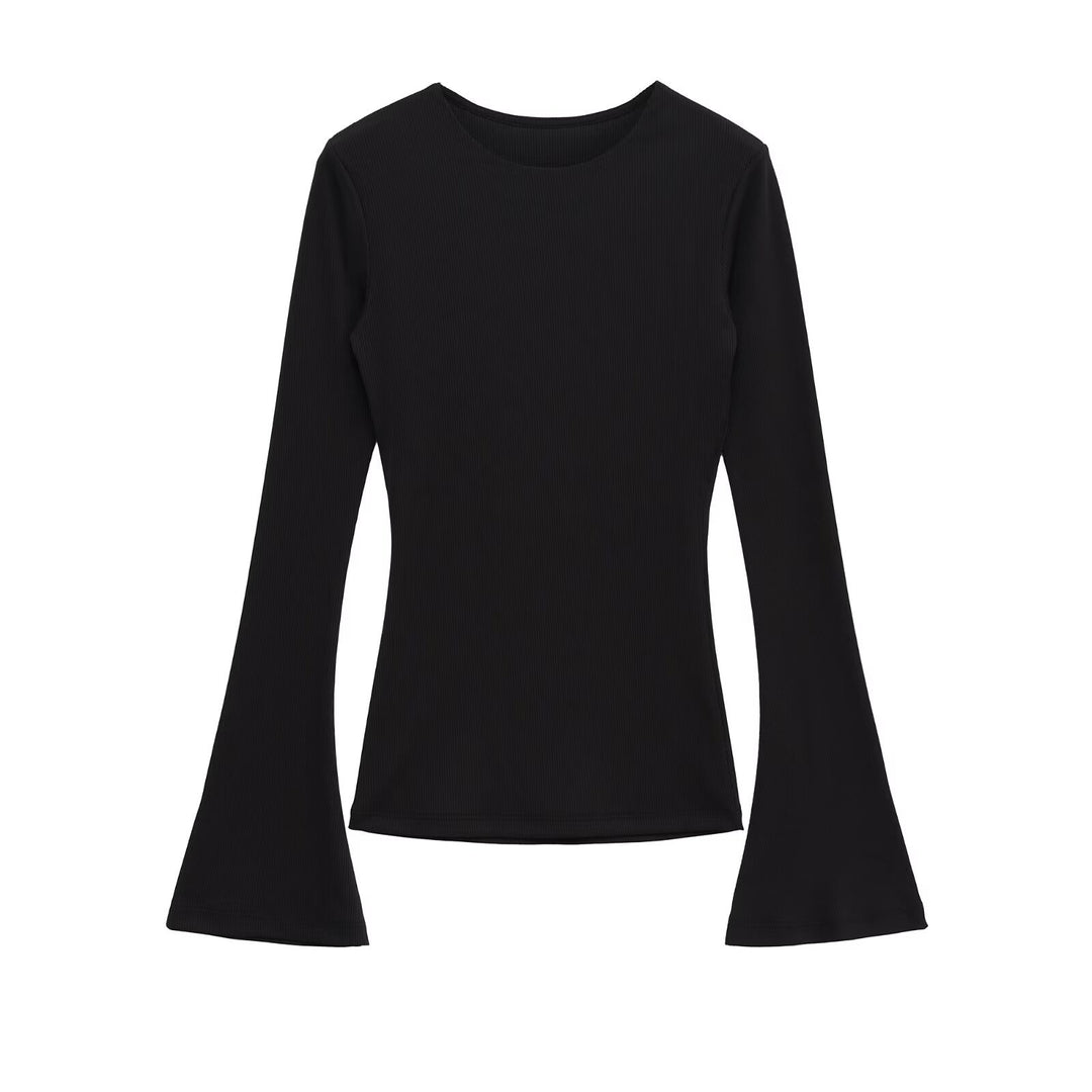 Damen Enganliegendes Rippstrick-Longsleeve mit ausgestellten Glockenärmeln Nord Taschen