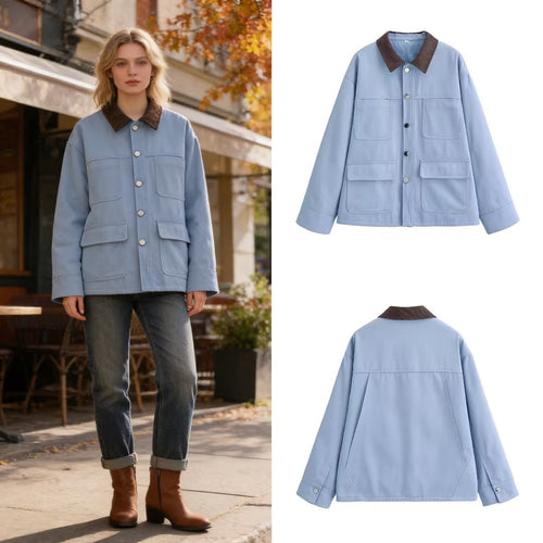 Damen Boxy-Arbeitsjacke mit Cordkragen und vier aufgesetzten Taschen Nord Taschen
