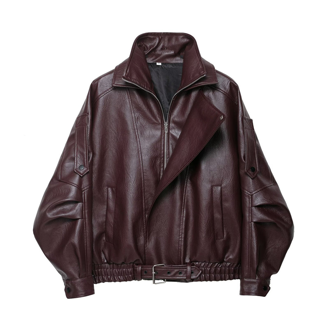 Damen Oversized Lederjacke im Bomberstil mit Taillengürtel Nord Taschen