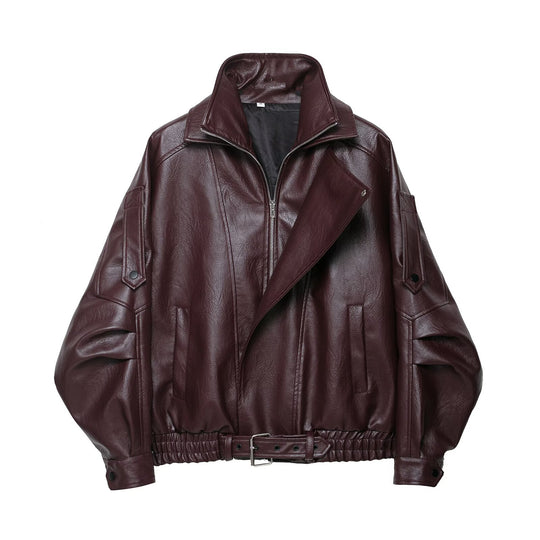 Damen Oversized Lederjacke im Bomberstil mit Taillengürtel Nord Taschen