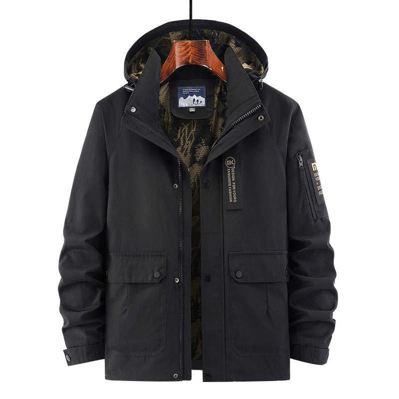 Herren Kapuzen-Fieldjacke mit Camouflage-Netzfutter und wasserabweisender Utility-Außenlage Nord Taschen