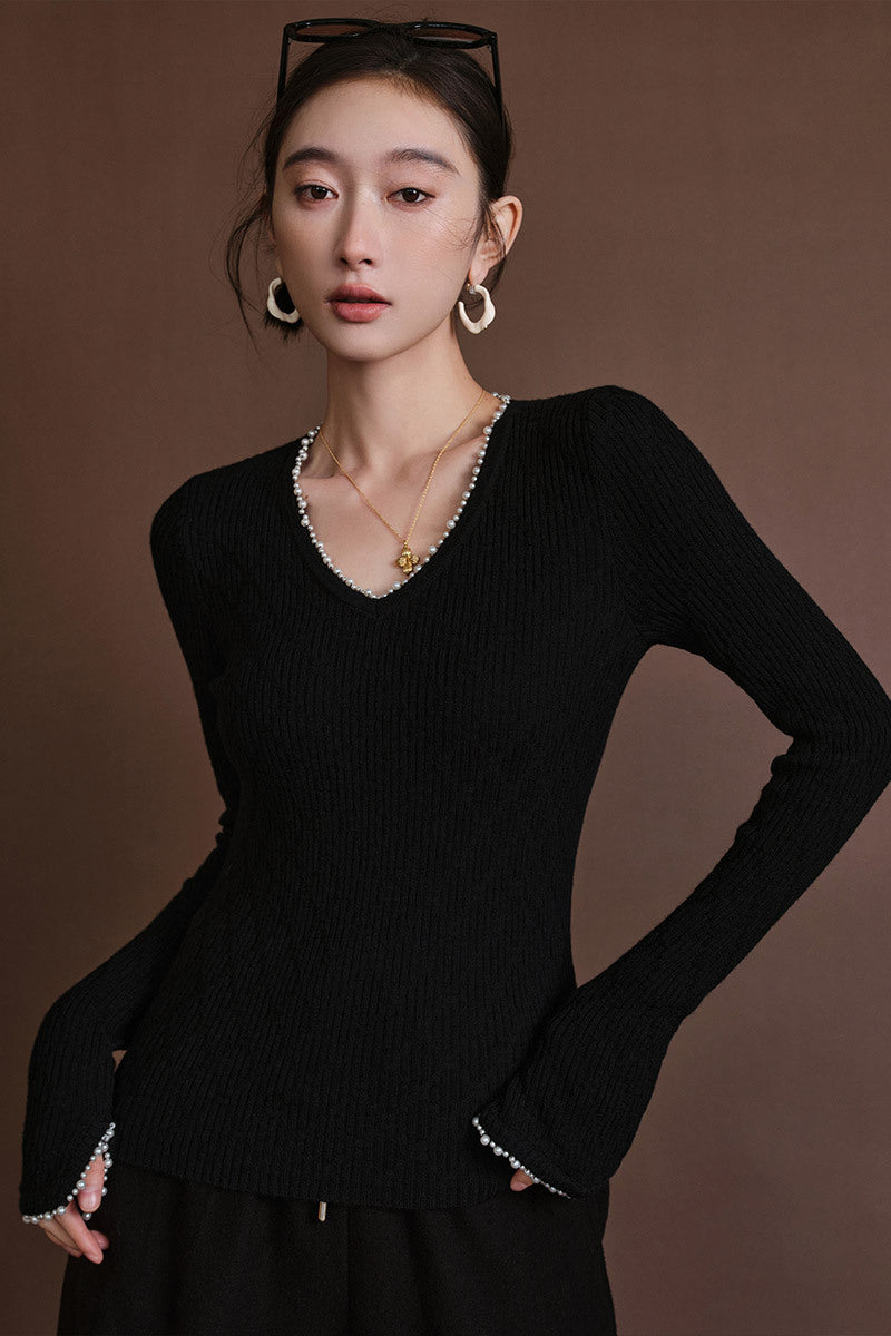 Damen Feinstrickpullover mit Perlenbesatz am V-Ausschnitt Nord Taschen