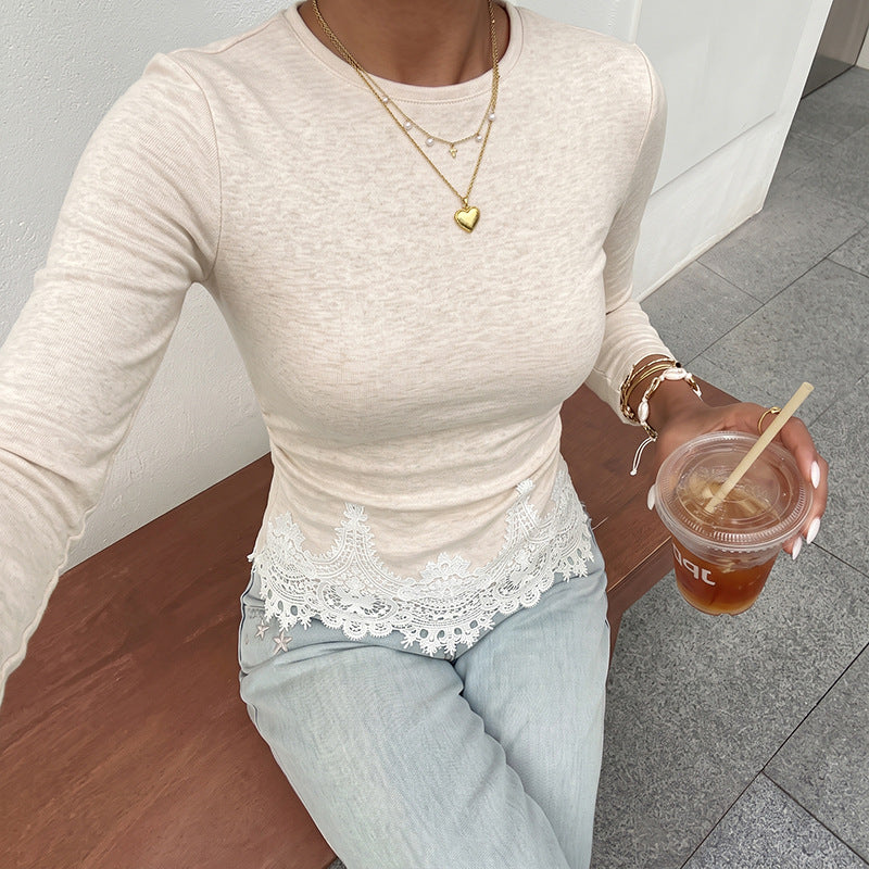 Damen Elegantes Langarmshirt mit Spitzenbordüre Nord Taschen