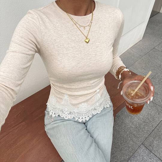 Damen Elegantes Langarmshirt mit Spitzenbordüre Nord Taschen