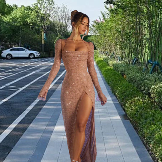 Damen Glamouröses Maxikleid mit schimmernden Details und seitlichem Schlitz Nord Taschen