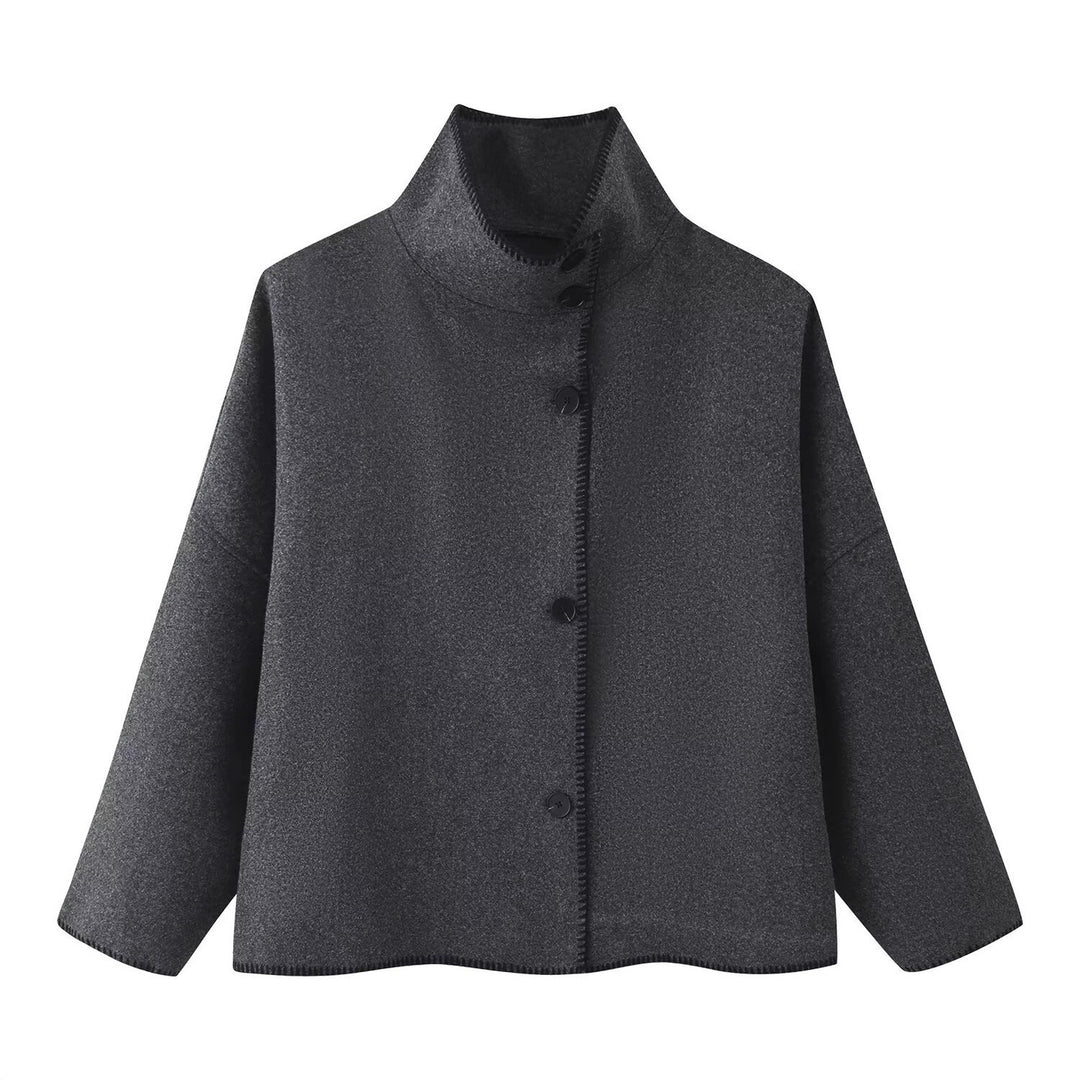 Damen Kurzer kastiger Mantel‑Cape mit Stehkragen und Kontrast‑Ziernaht Nord Taschen