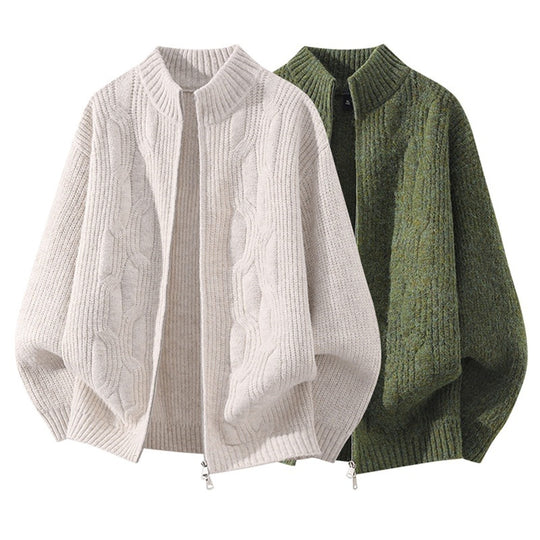 Damen Weicher Oversize‑Zopfmuster‑Cardigan mit Stehkragen & Zwei‑Wege‑Reißverschluss Nord Taschen