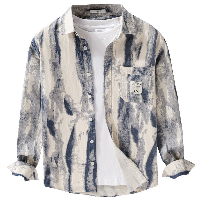 Herren Lockeres Hemdjacken-Overshirt aus Leinen-Baumwollmix mit abstraktem Brush‑Print und Kentkragen Nord Taschen