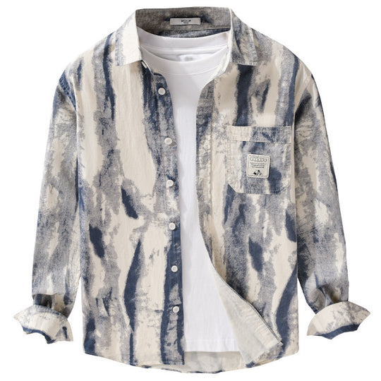 Herren Lockeres Hemdjacken-Overshirt aus Leinen-Baumwollmix mit abstraktem Brush‑Print und Kentkragen Nord Taschen