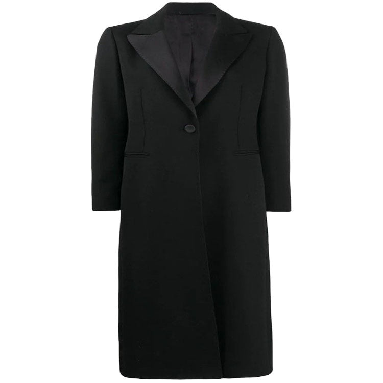 Damen Eleganter Einreihiger Longmantel im Smokingschnitt mit schmalem Revers und Satinbesatz Nord Taschen