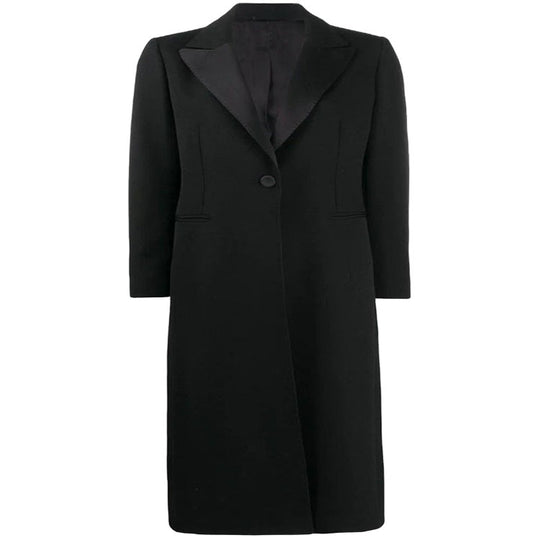 Damen Eleganter Einreihiger Longmantel im Smokingschnitt mit schmalem Revers und Satinbesatz Nord Taschen