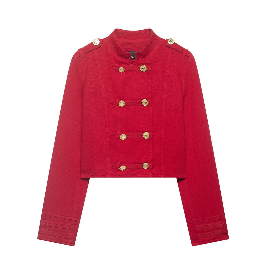 Damen Cropped Militärjacke im Matrosenstil mit goldenen Zierriegeln und Stehkragen Nord Taschen