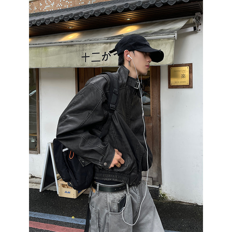 Herren Kurzer Oversized Lederimitat-Blouson mit Stehkragen, Reißverschluss und elastischem Saum Nord Taschen