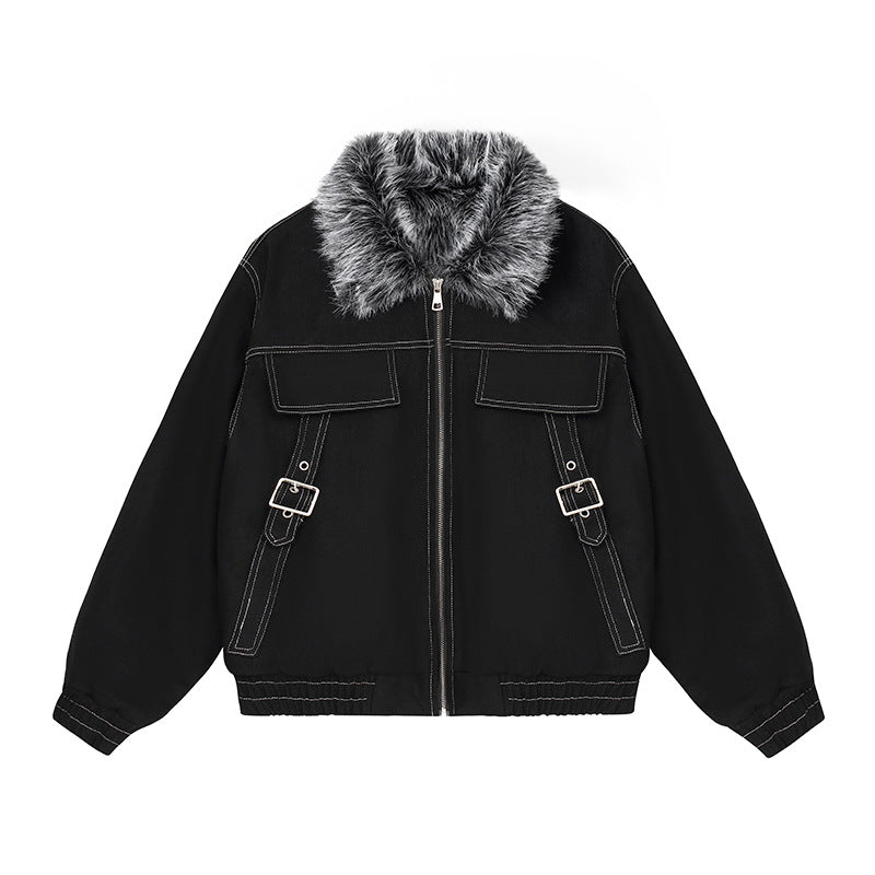 Damen wattierte Bomberjacke mit Kunstfellkragen, Kontrastnähten und Schnallen-Details Nord Taschen