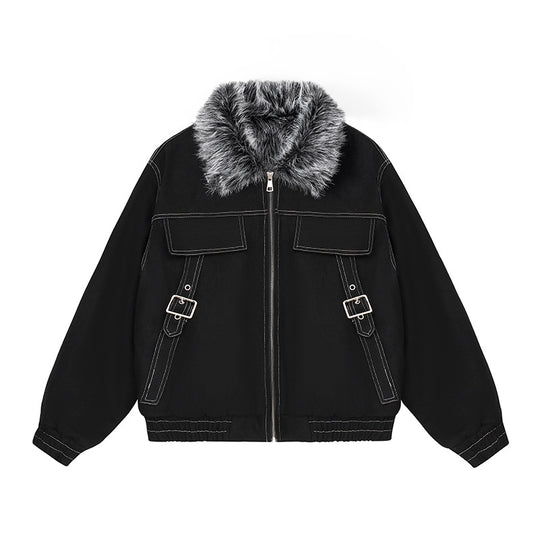 Damen wattierte Bomberjacke mit Kunstfellkragen, Kontrastnähten und Schnallen-Details Nord Taschen