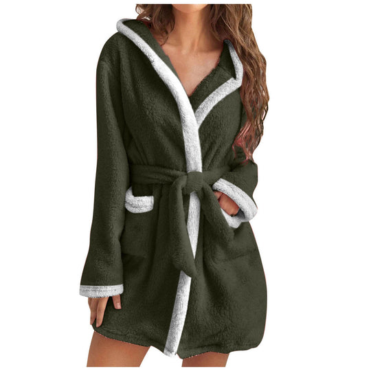 Damen kuscheliger Fleece-Bademantel mit Kapuze und Taschen