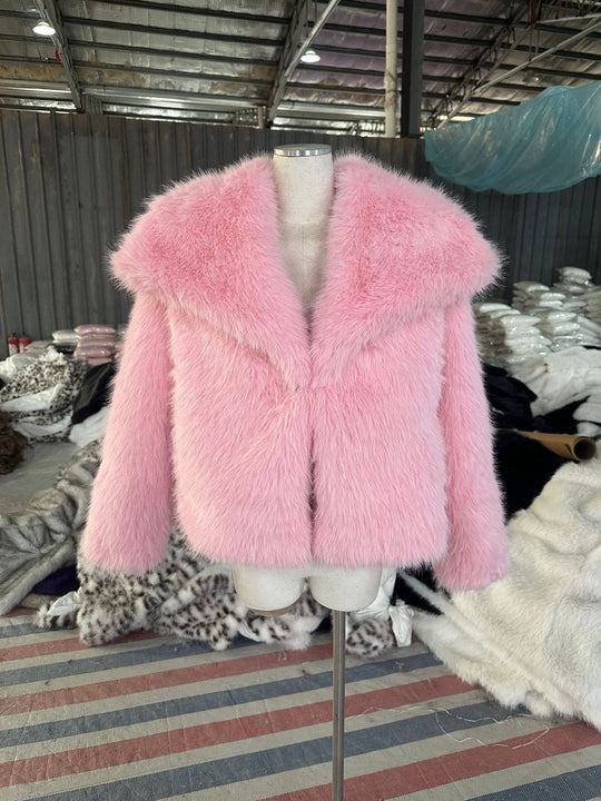 Damen Kurzbolero im Boxy-Cut aus veganem Shaggy-Kunstpelz mit XXL-Schalkragen Nord Taschen