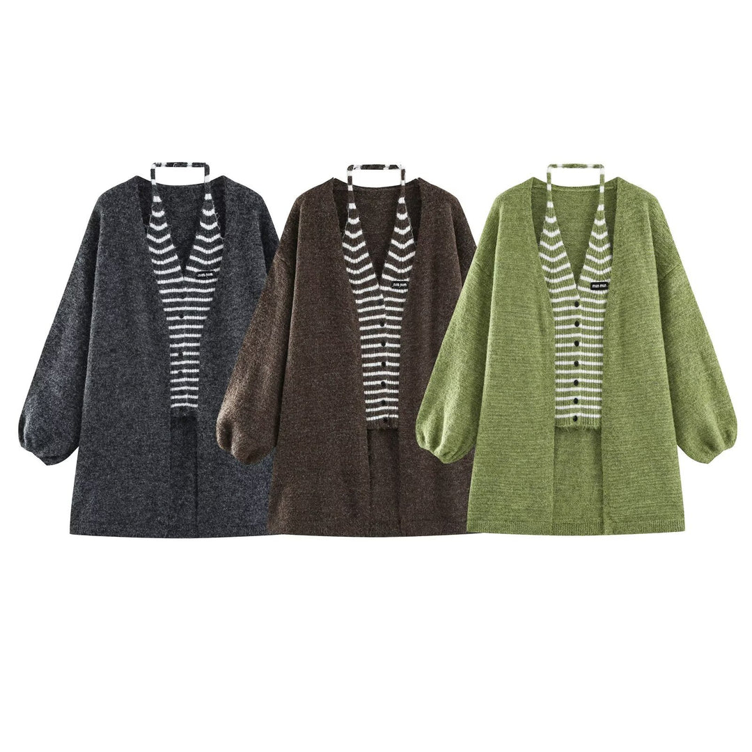 Damen Oversized Mohairoptik-Cardigan mit Ballonärmeln und gestreiftem Einsatz Nord Taschen