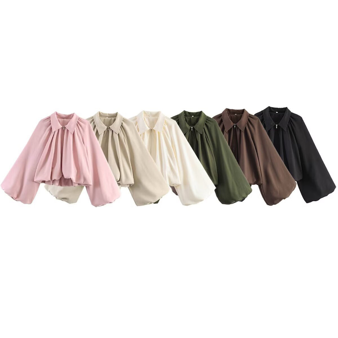 Damen Cropped-Blusenjacke mit Hemdkragen, geraffter Passe und weitem Volumenärmel Nord Taschen