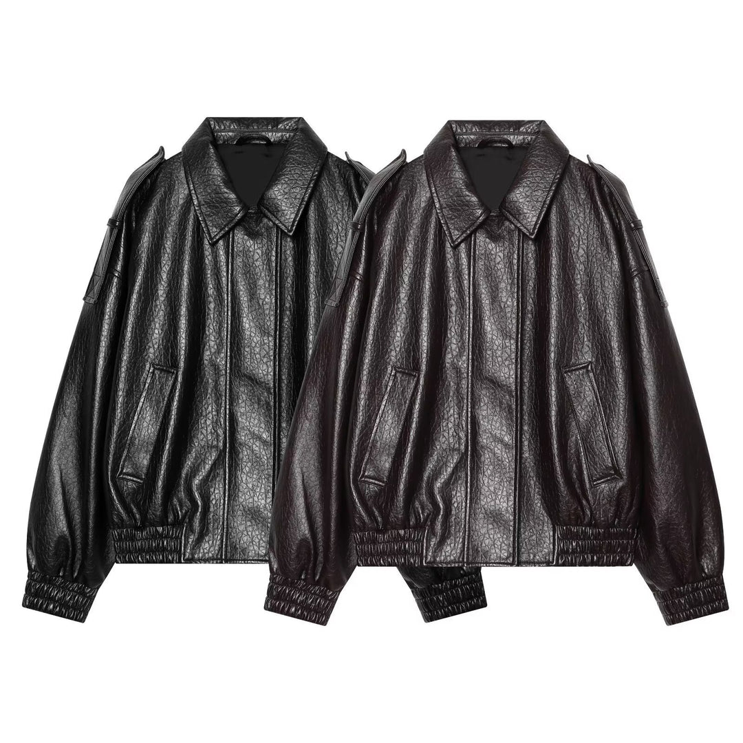 Damen Oversized Kunstleder-Bomberjacke mit Schulterklappen und gerafftem Saum Nord Taschen