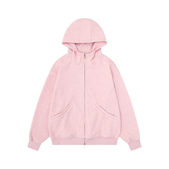 Unisex Gestreifte Kapuzen-Sweatjacke mit Reißverschluss und Kängurutaschen Nord Taschen