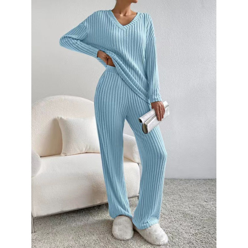 Damen Gemütliches Rippstrick-Loungewear-Set mit V-Ausschnitt und weitem Bein Nord Taschen