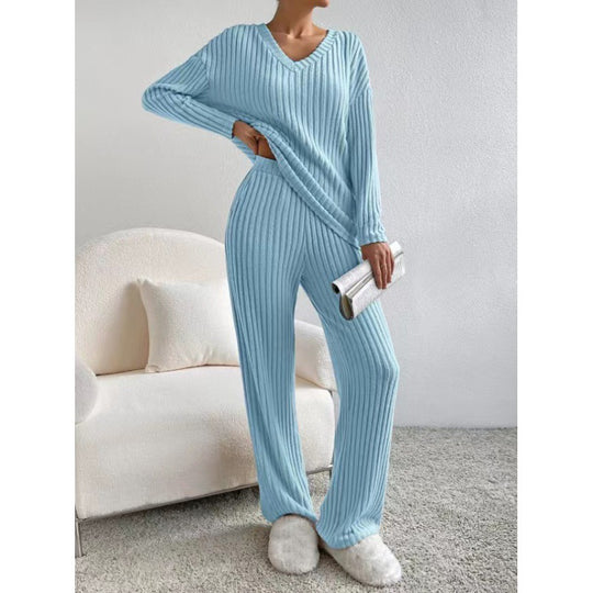 Damen Gemütliches Rippstrick-Loungewear-Set mit V-Ausschnitt und weitem Bein Nord Taschen
