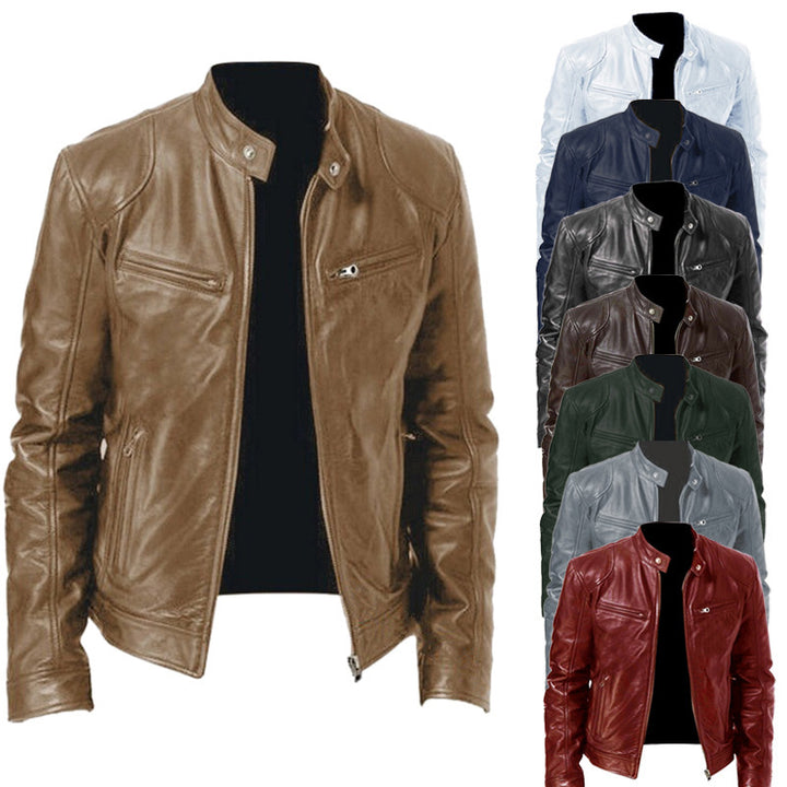 Herren schlanke Echtleder-Bikerjacke mit Stehkragen, zwei Brust-Reißverschlusstaschen und geradliniger Silhouette Nord Taschen