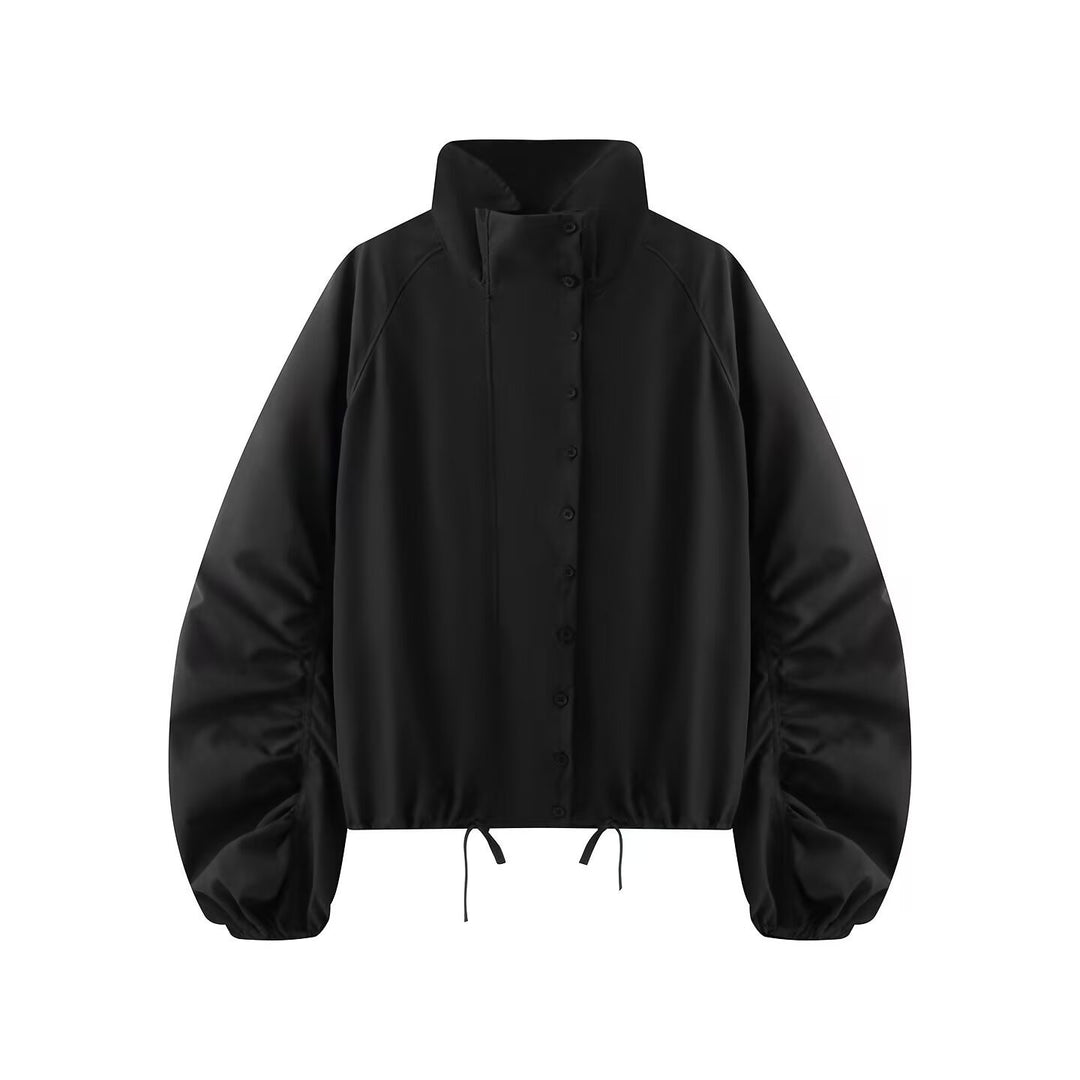 Damen Übergangsjacke mit weitem Ballonärmeln, Stehkragen und Tunnelzug Nord Taschen