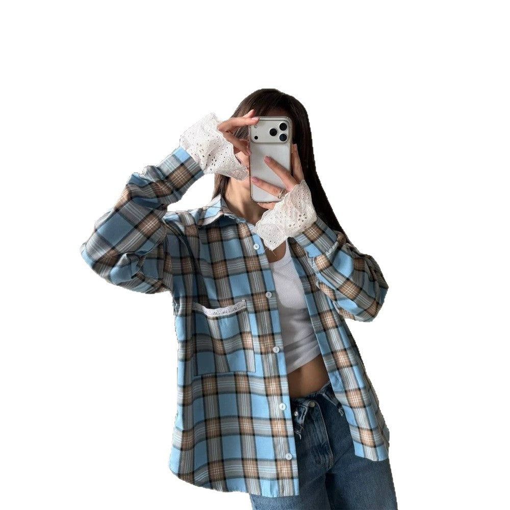 Damen Oversize-kariertes Flanellhemd mit Spitzenmanschetten und Zierpaspel Nord Taschen